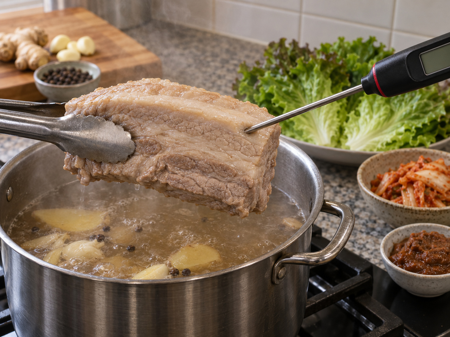 韓式白切豬肉生菜包 — 最厚處用溫度計確認至少75°C