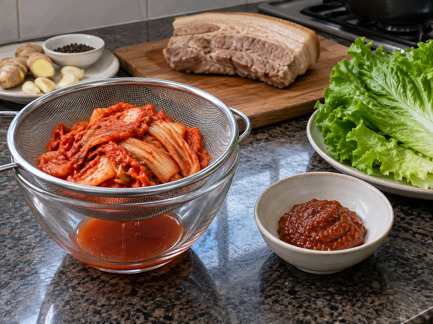 韓式白切豬肉生菜包 — 泡菜瀝去過多汁，包飯醬另盛