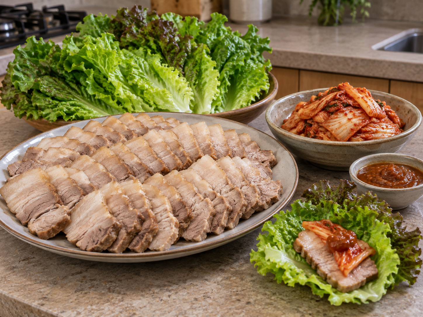 韓式白切豬肉生菜包 — 生菜包豬肉、泡菜與少量醬即食