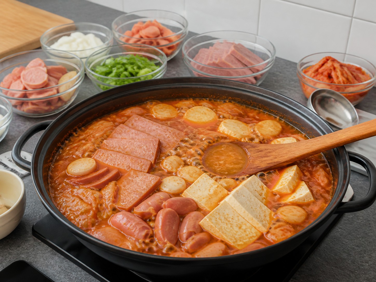 韓式部隊鍋：先煮年糕及肉類