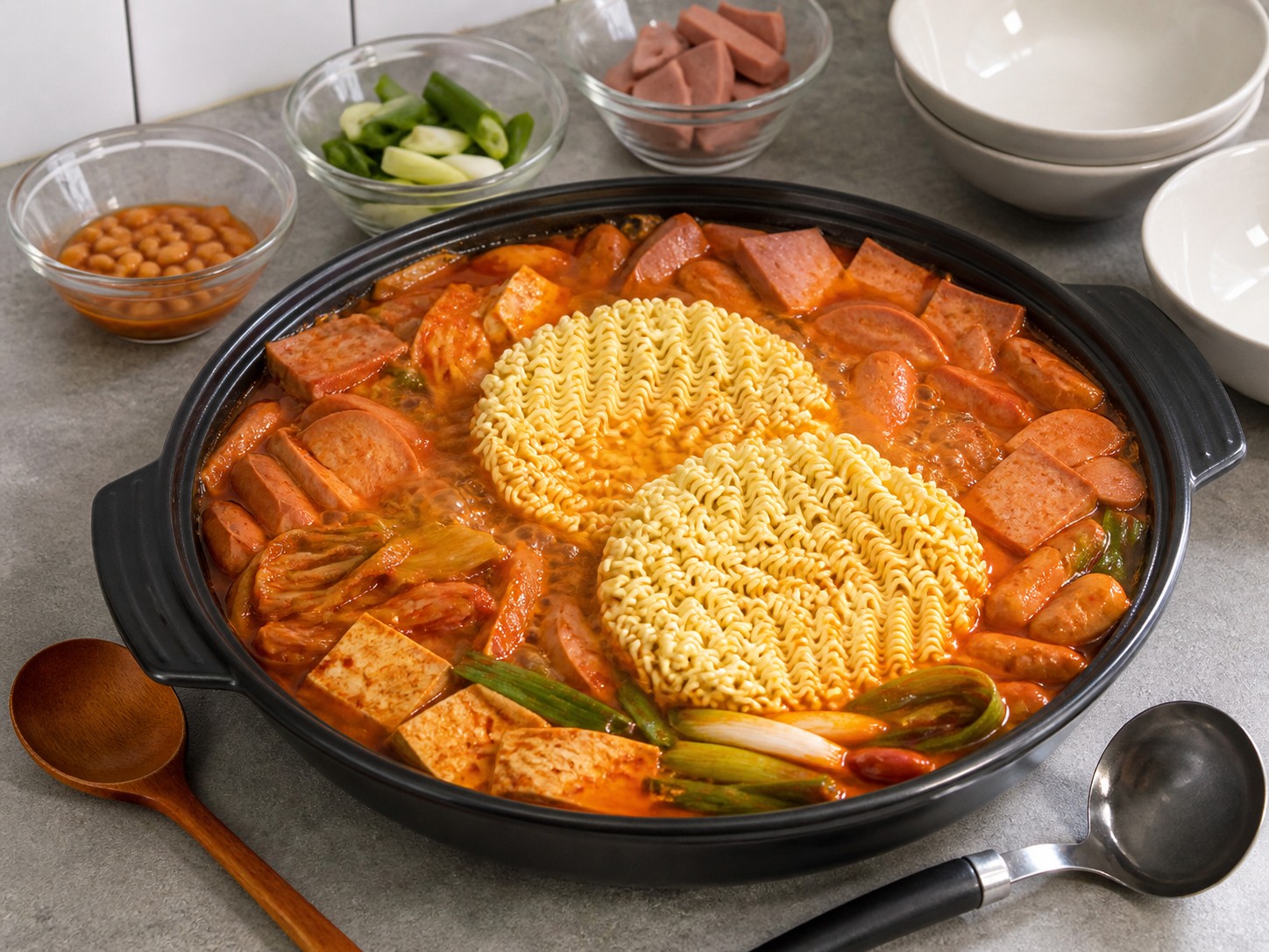 韓式部隊鍋：最後加入即食麵