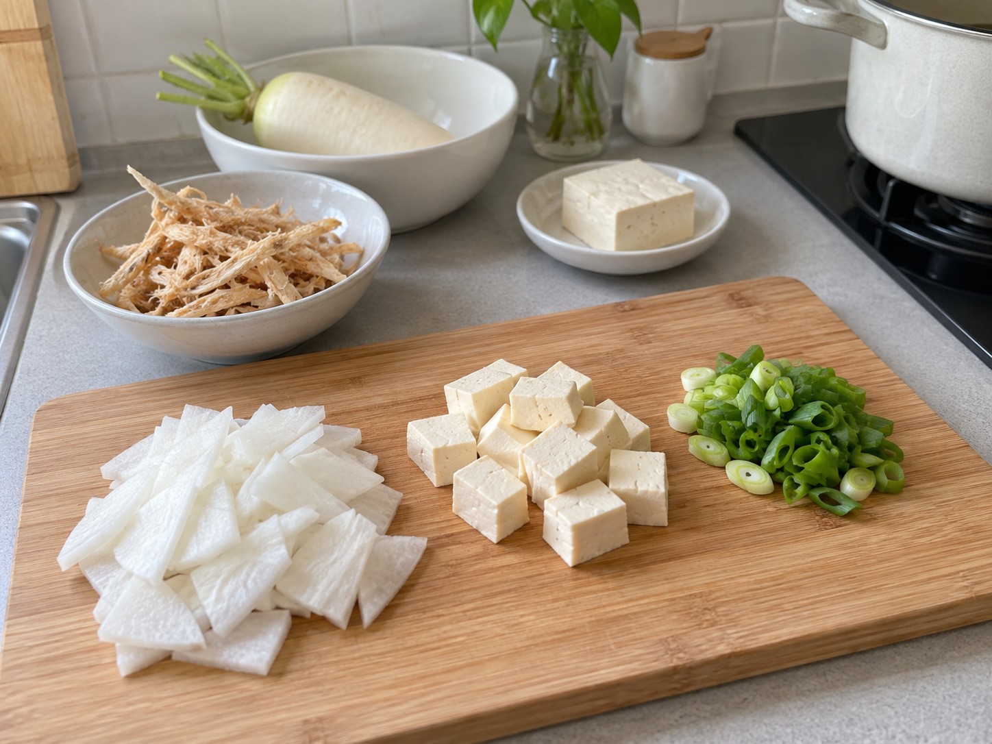 Korean Dried Pollock and Radish Soup — Cut ingredients