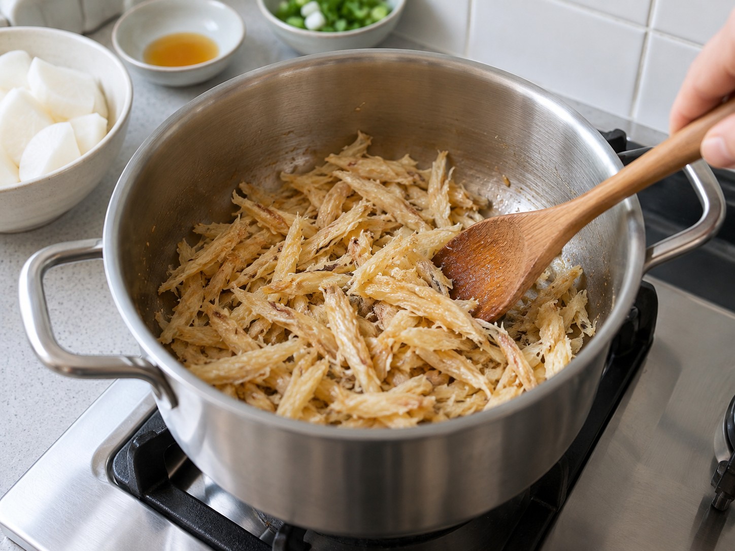 Korean Dried Pollock and Radish Soup — Sauté pollock