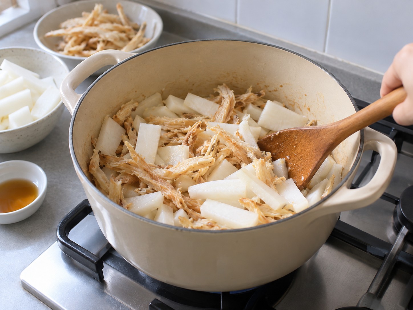 Korean Dried Pollock and Radish Soup — Add radish
