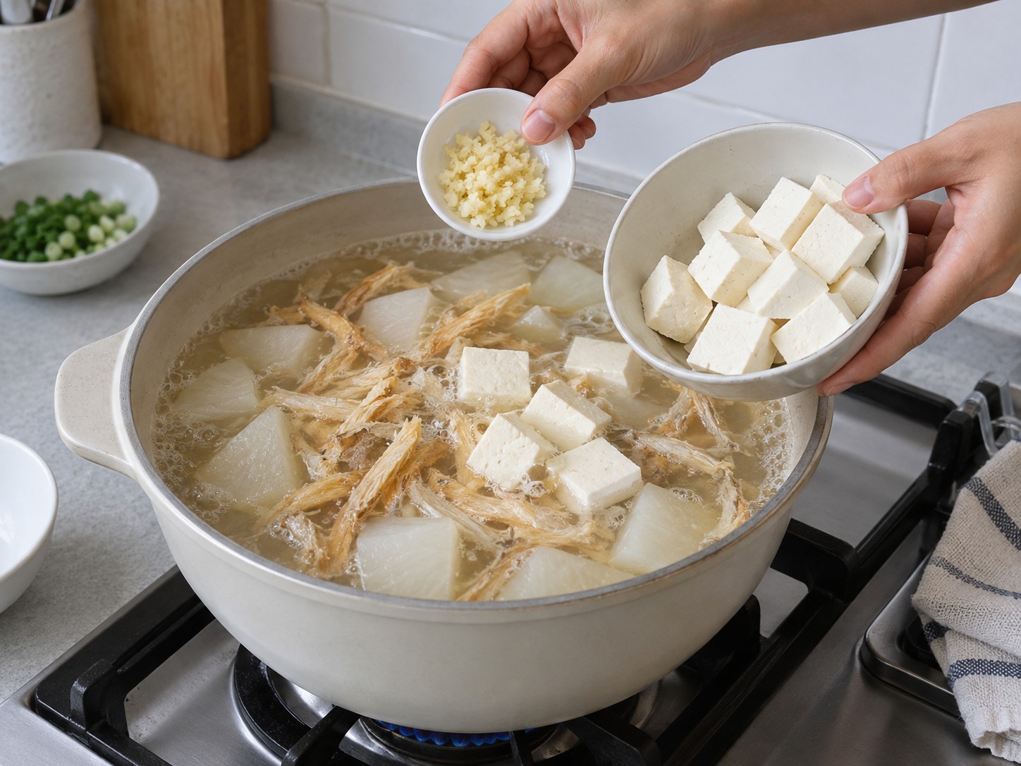 Korean Dried Pollock and Radish Soup — Add tofu and garlic