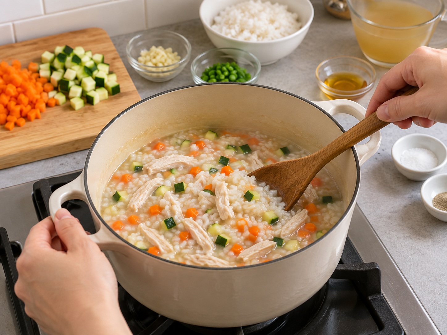 Korean Chicken Dakjuk — Add vegetables