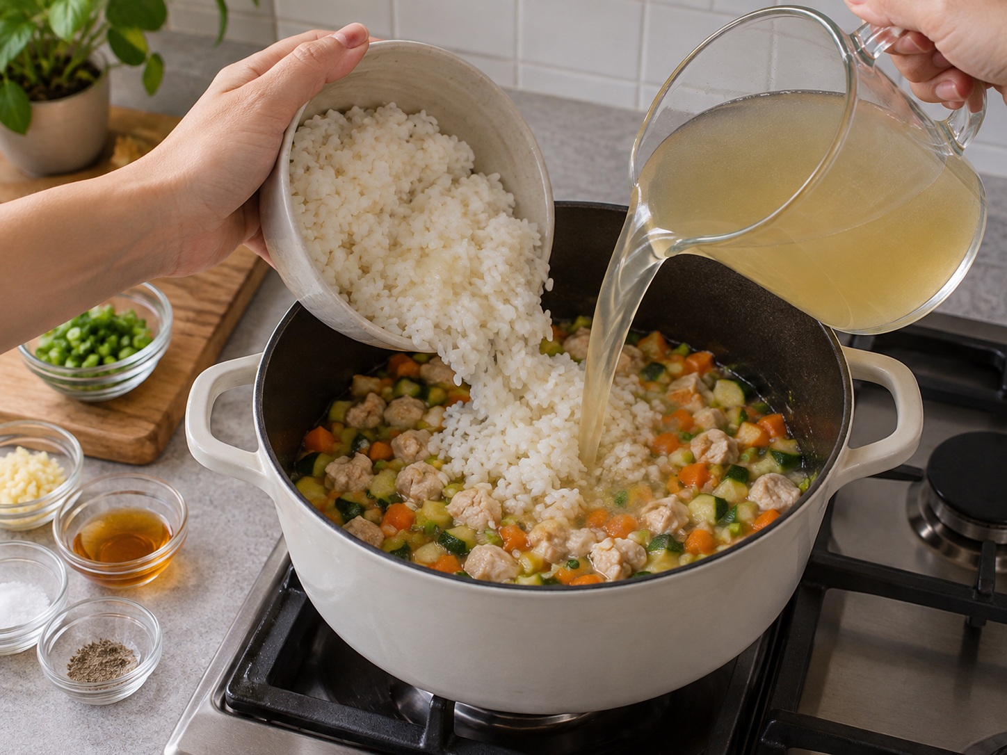 Korean Chicken Dakjuk — Add rice and stock