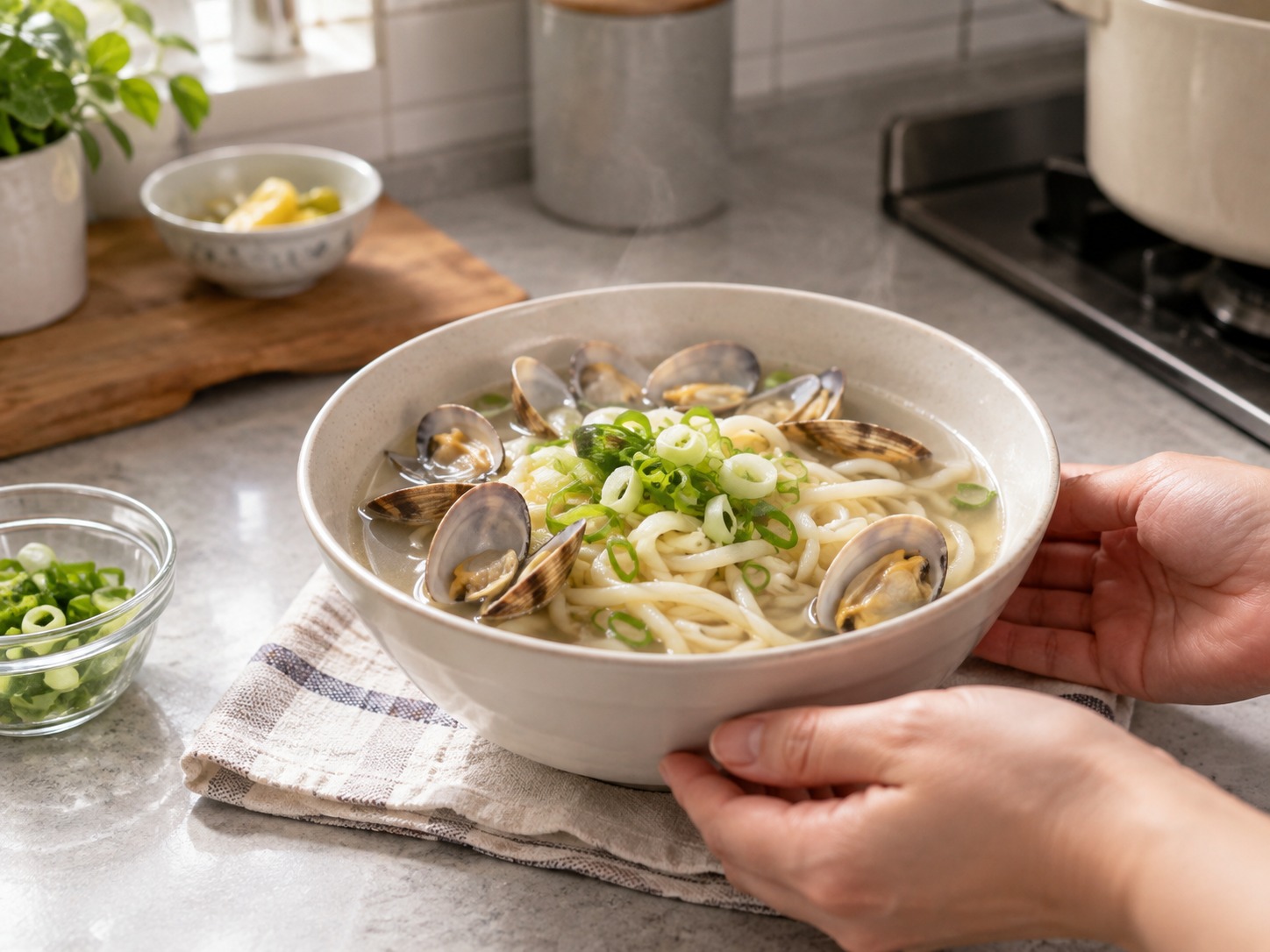 Korean na Knife-Cut Noodles na may Halaan — natapos na ulam