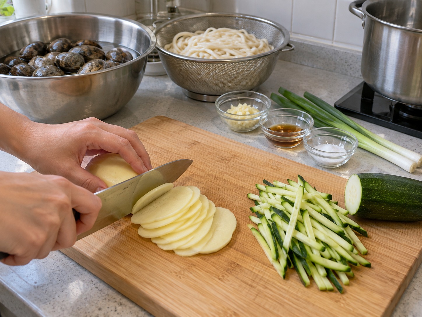 Korean na Knife-Cut Noodles na may Halaan — Hiwain nang manipis ang patatas at pahaba ang zucchini
