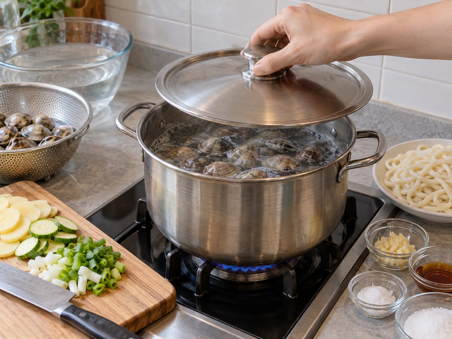 Korean na Knife-Cut Noodles na may Halaan — Pakuluan ang tubig, idagdag ang halaan, at takpan