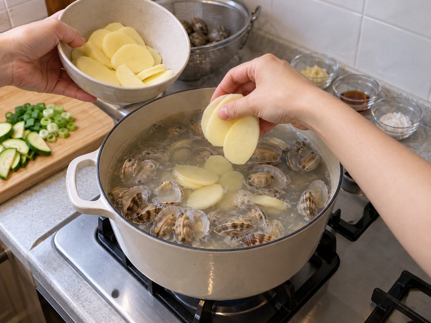 Korean na Knife-Cut Noodles na may Halaan — Idagdag ang patatas at lutuin limang minuto