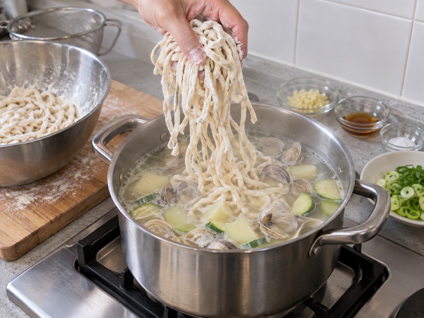 Korean na Knife-Cut Noodles na may Halaan — Alugin ang sobrang harina sa noodles at idagdag