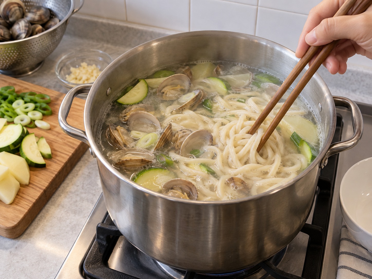 Korean na Knife-Cut Noodles na may Halaan — Haluin nang marahan hanggang halos malambot