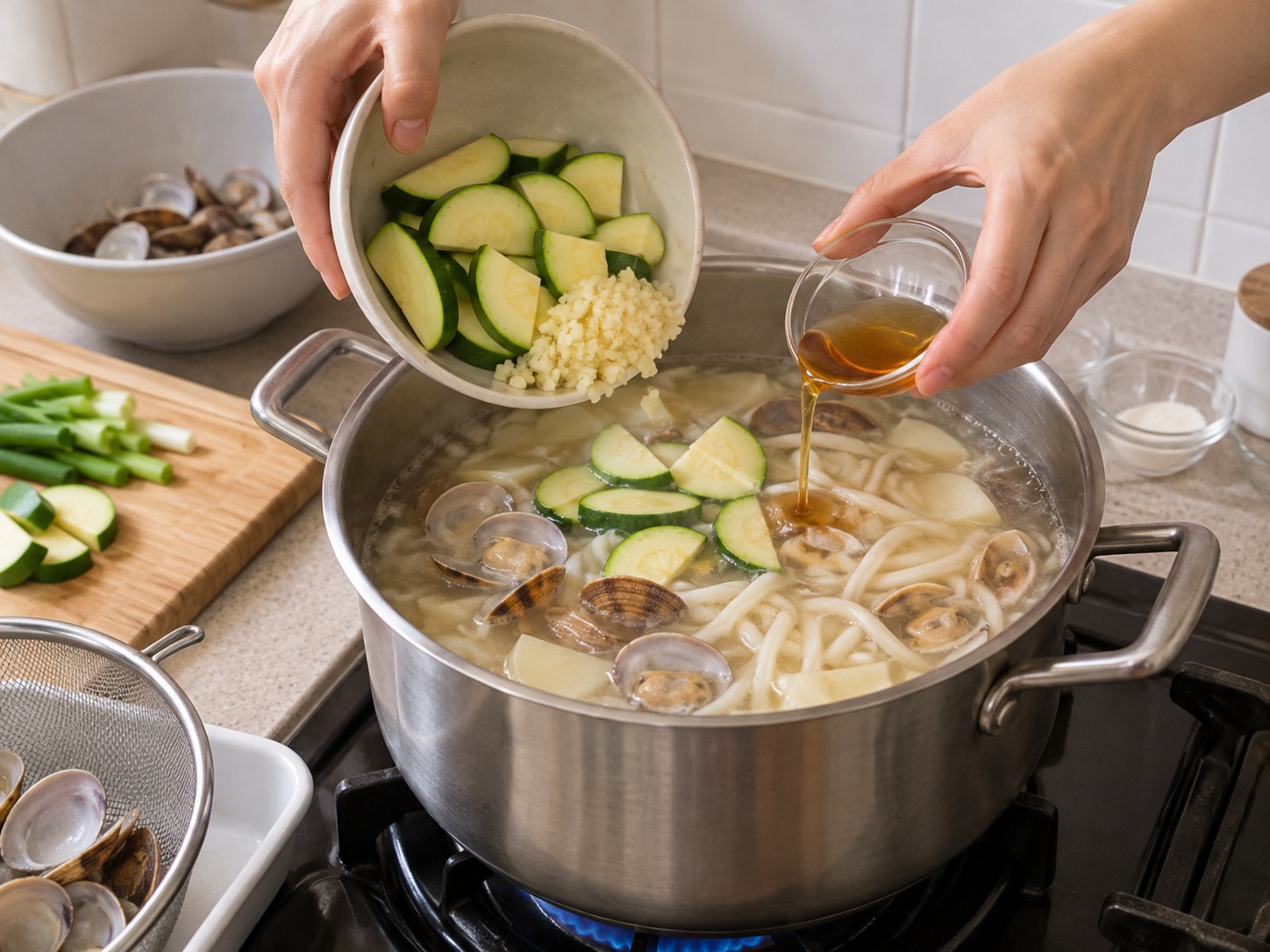 Korean na Knife-Cut Noodles na may Halaan — Idagdag ang zucchini, bawang, at patis at lutuin dalawang minuto
