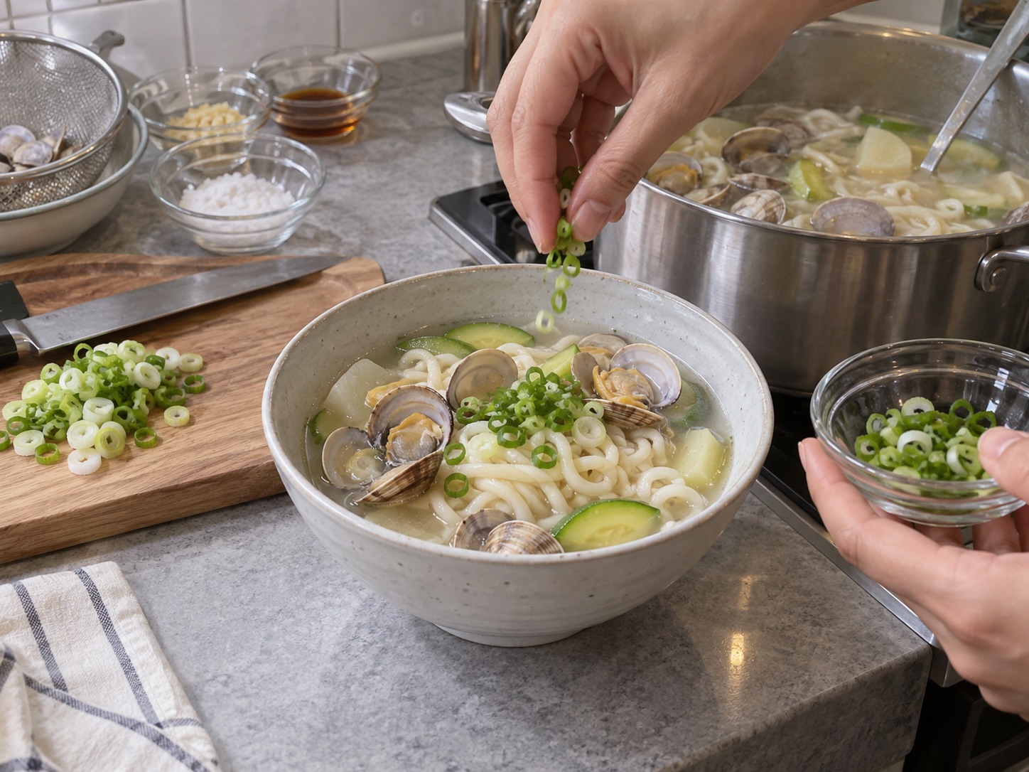 Korean na Knife-Cut Noodles na may Halaan — Timplahan ng asin, budburan ng sibuyas, at ihain