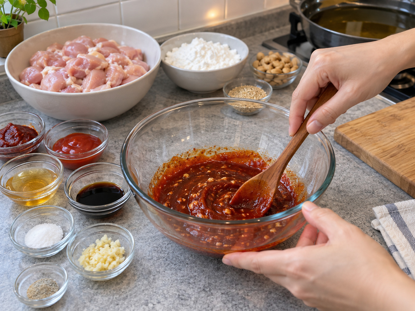Dakgangjeong Korea — Campur gochujang, saus tomat, madu, kecap asin, dan bawang putih