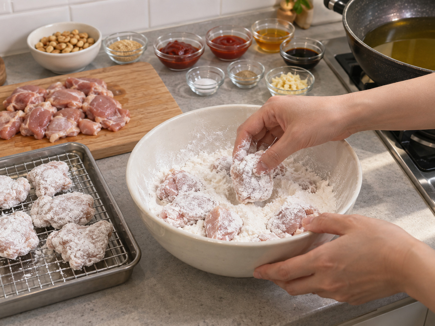 Dakgangjeong Korea — Balur tiap potong ayam dengan maizena tipis dan rata