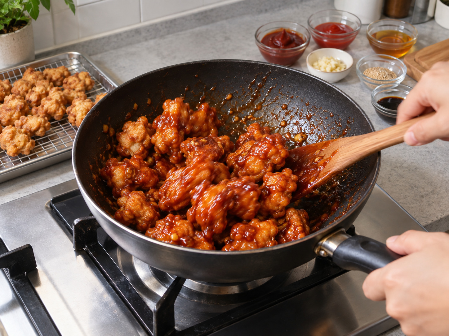 Dakgangjeong Korea — Masukkan ayam goreng dan aduk cepat hingga terlapis tipis