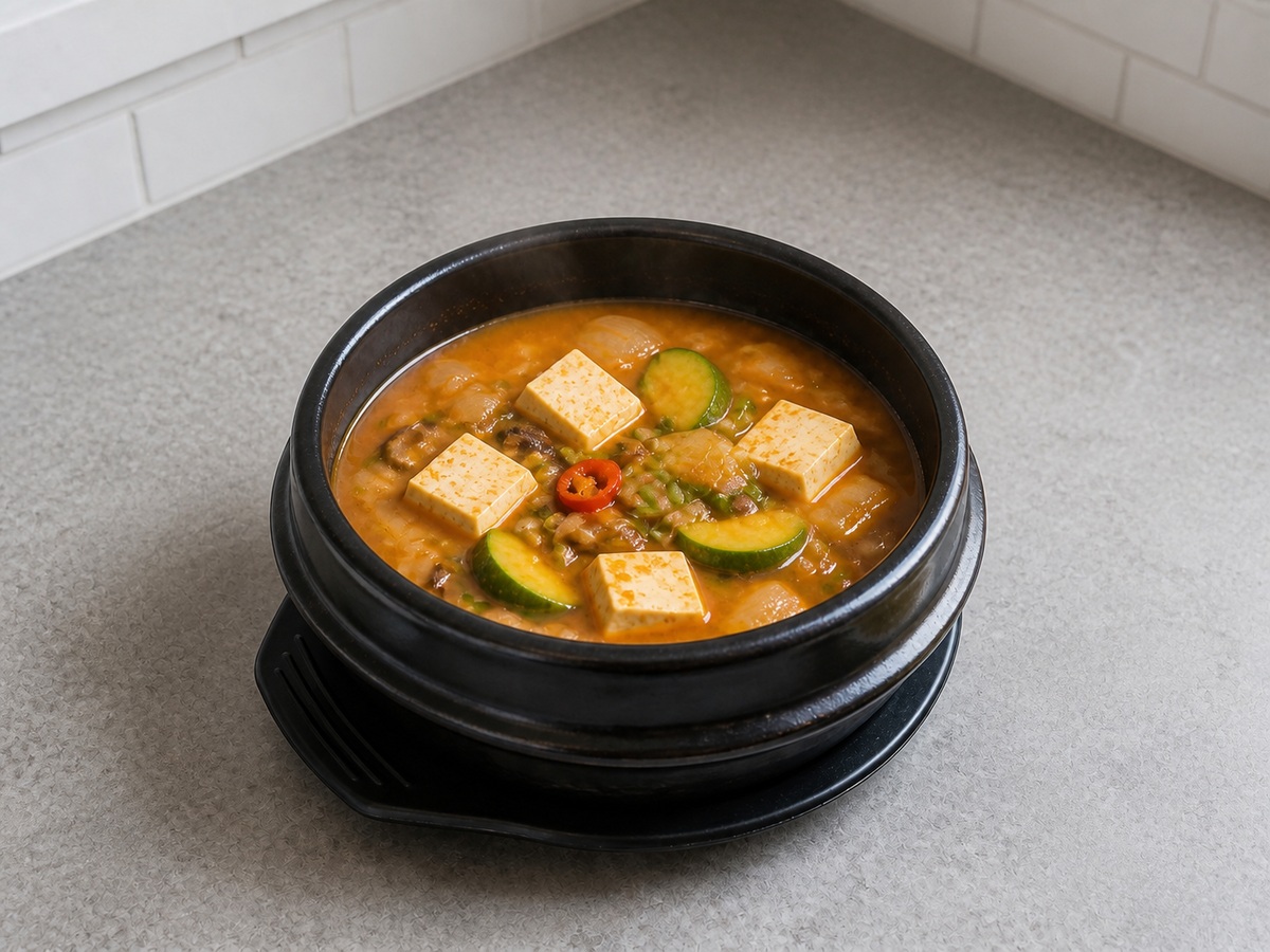 Korean Doenjang Jjigae with Tofu and Vegetables finished dish