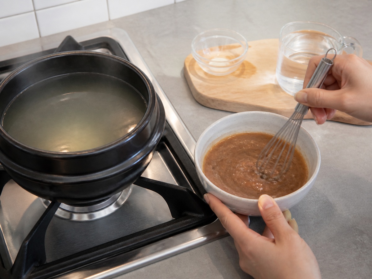 Sup Pasta Kedelai Korea dengan Tahu dan Sayuran: Larutkan doenjang
