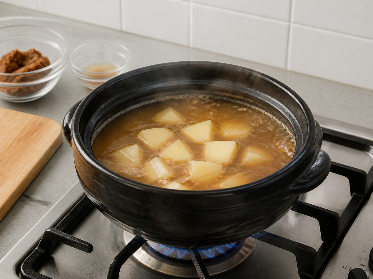 Sup Pasta Kedelai Korea dengan Tahu dan Sayuran: Masak kentang dahulu