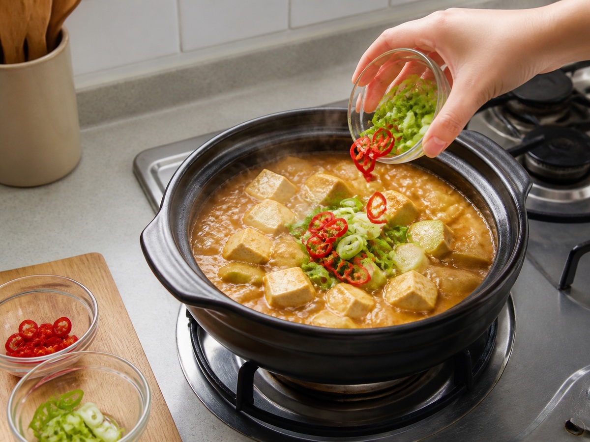 Sup Pasta Kedelai Korea dengan Tahu dan Sayuran: Tambahkan cabai dan daun bawang