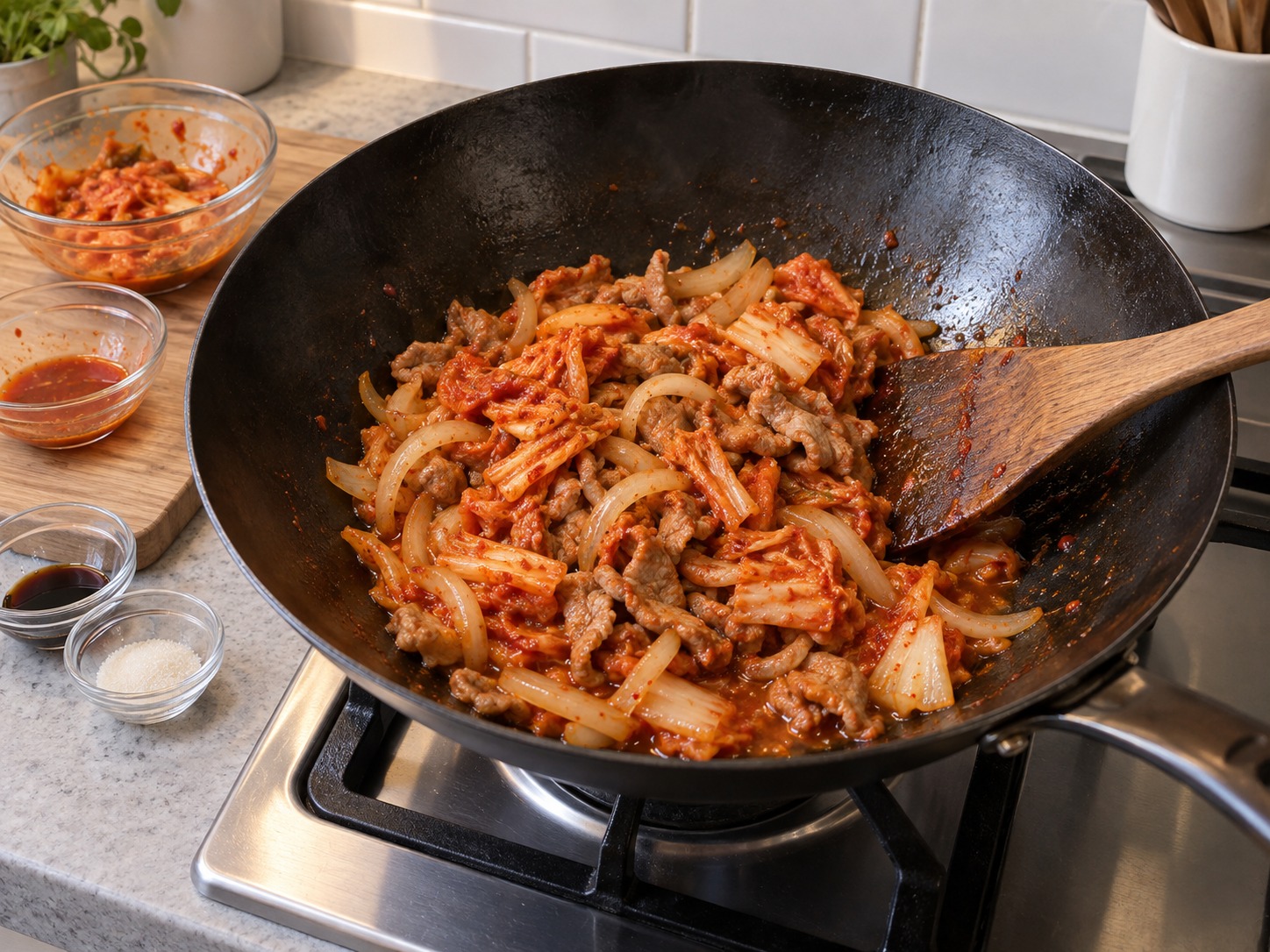 韓式泡菜豬肉拌豆腐 — 加泡菜及炒汁，再炒四分鐘