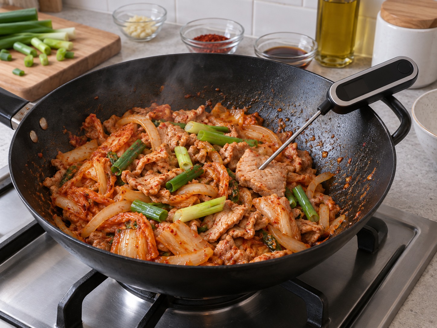 韓式泡菜豬肉拌豆腐 — 豬肉最厚處達75°C並維持30秒，不足便續煮；加蔥及麻油