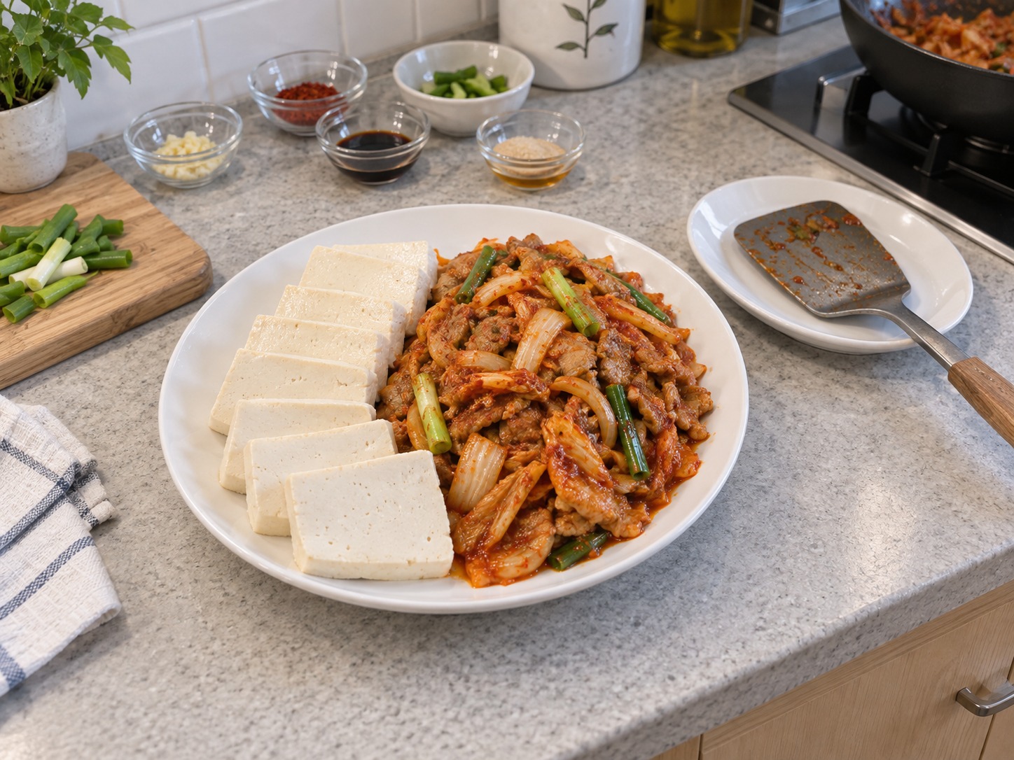 韓式泡菜豬肉拌豆腐 — 豆腐排在碟旁，泡菜豬肉放另一邊即食