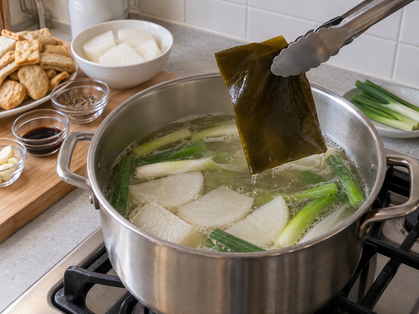 韓式魚餅湯 — 轉小火煮十五分鐘，取出海帶避免湯變苦
