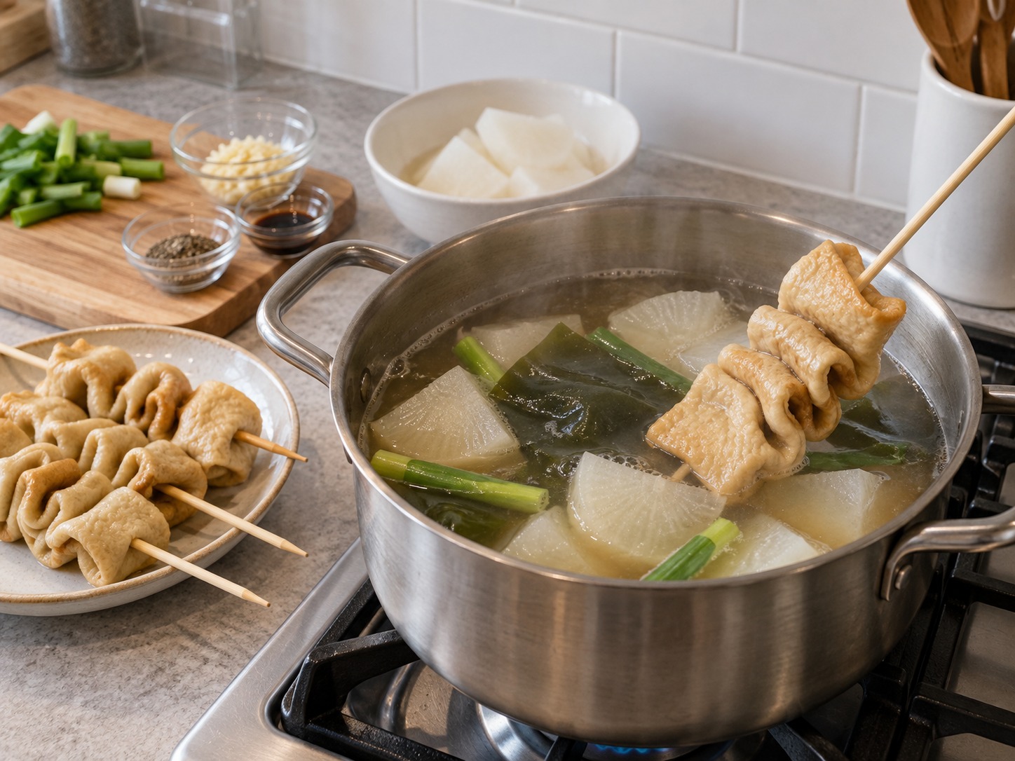 韓式魚餅湯 — 把魚餅穿在竹籤或直接放入湯中