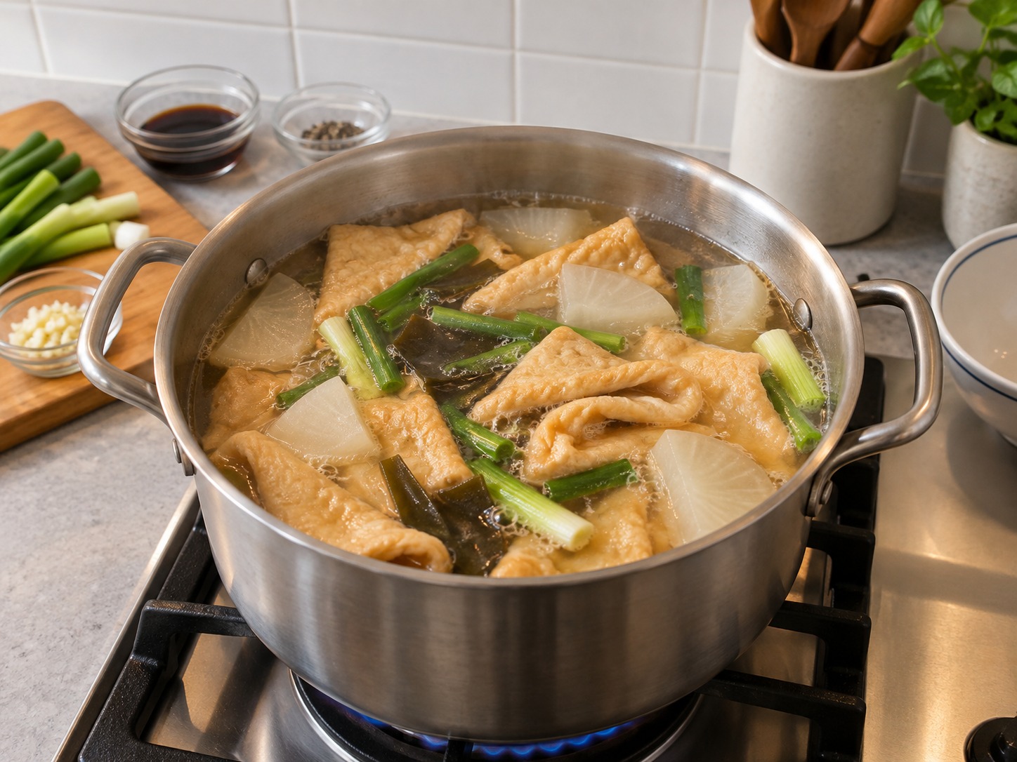 韓式魚餅湯 — 小火煮五至七分鐘，讓魚餅熱透
