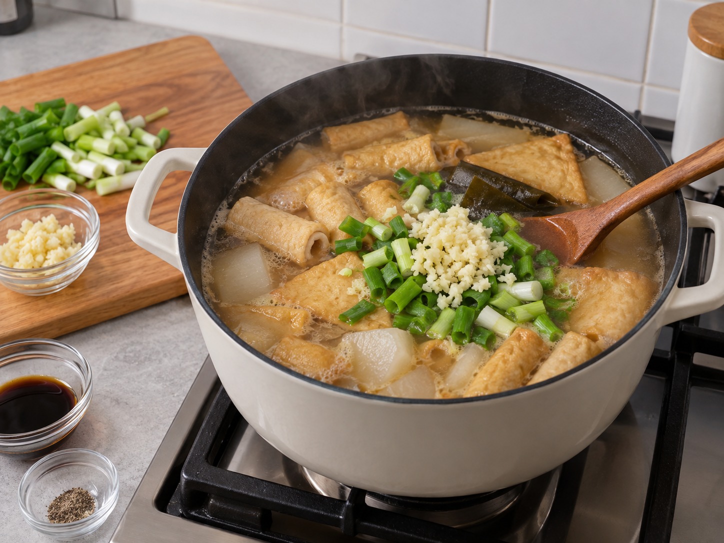 韓式魚餅湯 — 加入蒜片和青蔥，再煮一分鐘