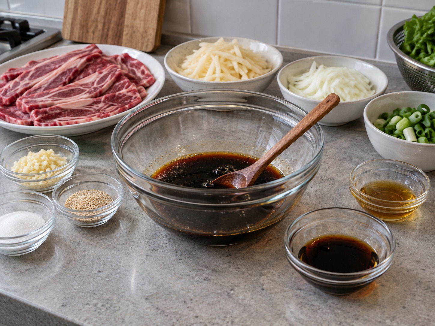 韓式烤牛肋骨 — 把生抽、糖和麻油調成醃汁，先預留兩湯匙作熟食上碟醬