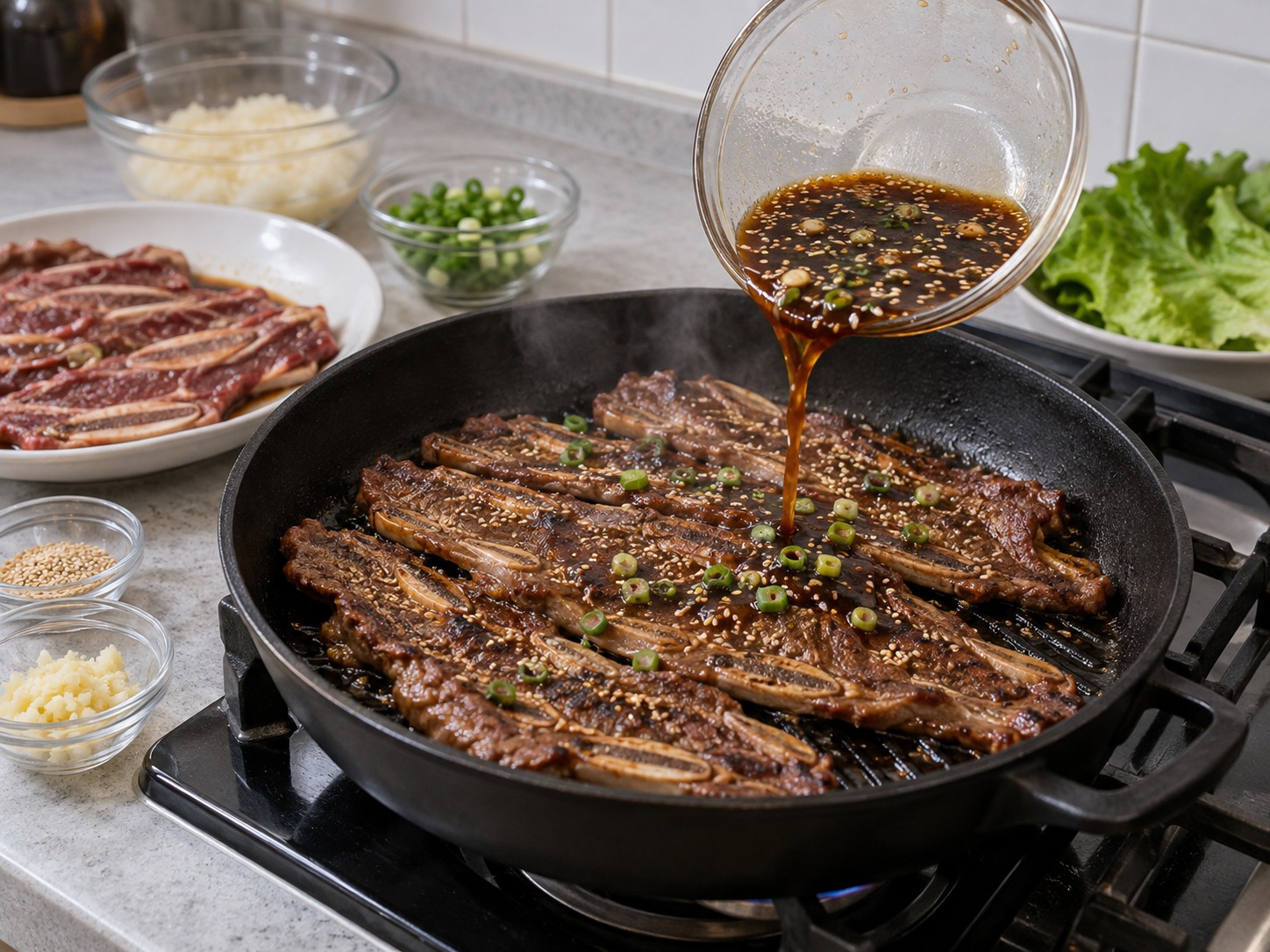 韓式烤牛肋骨 — 煎烤時不要掃接觸過生肉的醃汁；只可在上碟後配預留醬