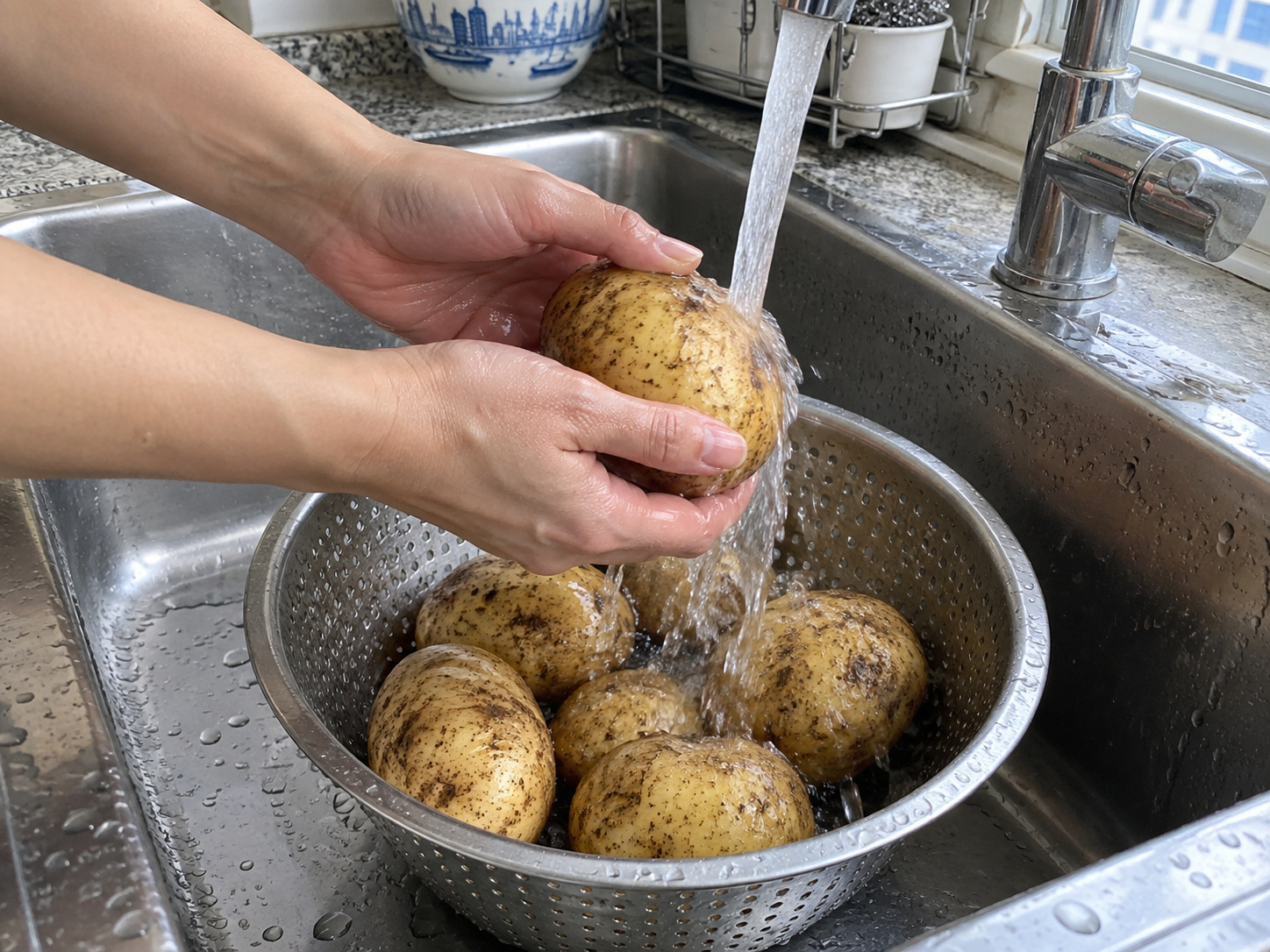 Salad Kentang Korea dengan Telur dan Mentimun — Cuci kentang