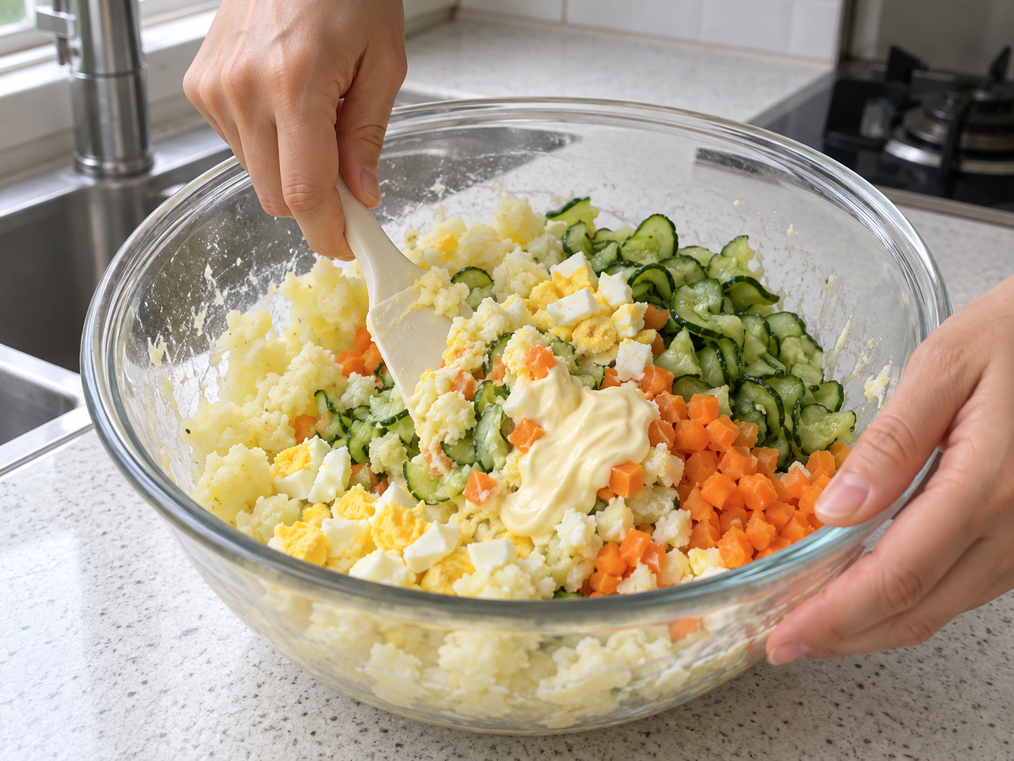 Salad Kentang Korea dengan Telur dan Mentimun — Campur salad
