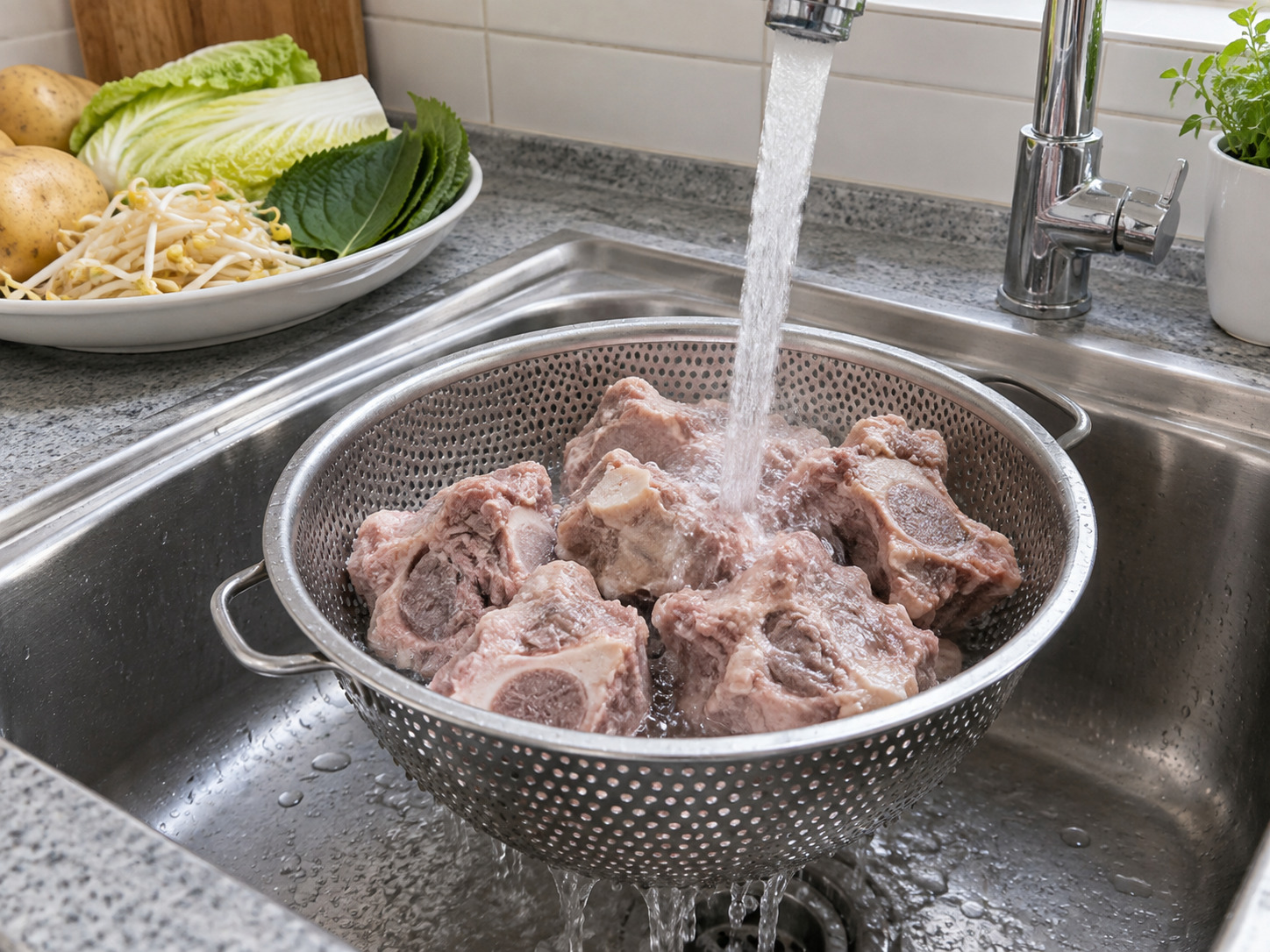 Korean Gamjatang Pork Bone Soup — Discard soaking water and rinse bones again
