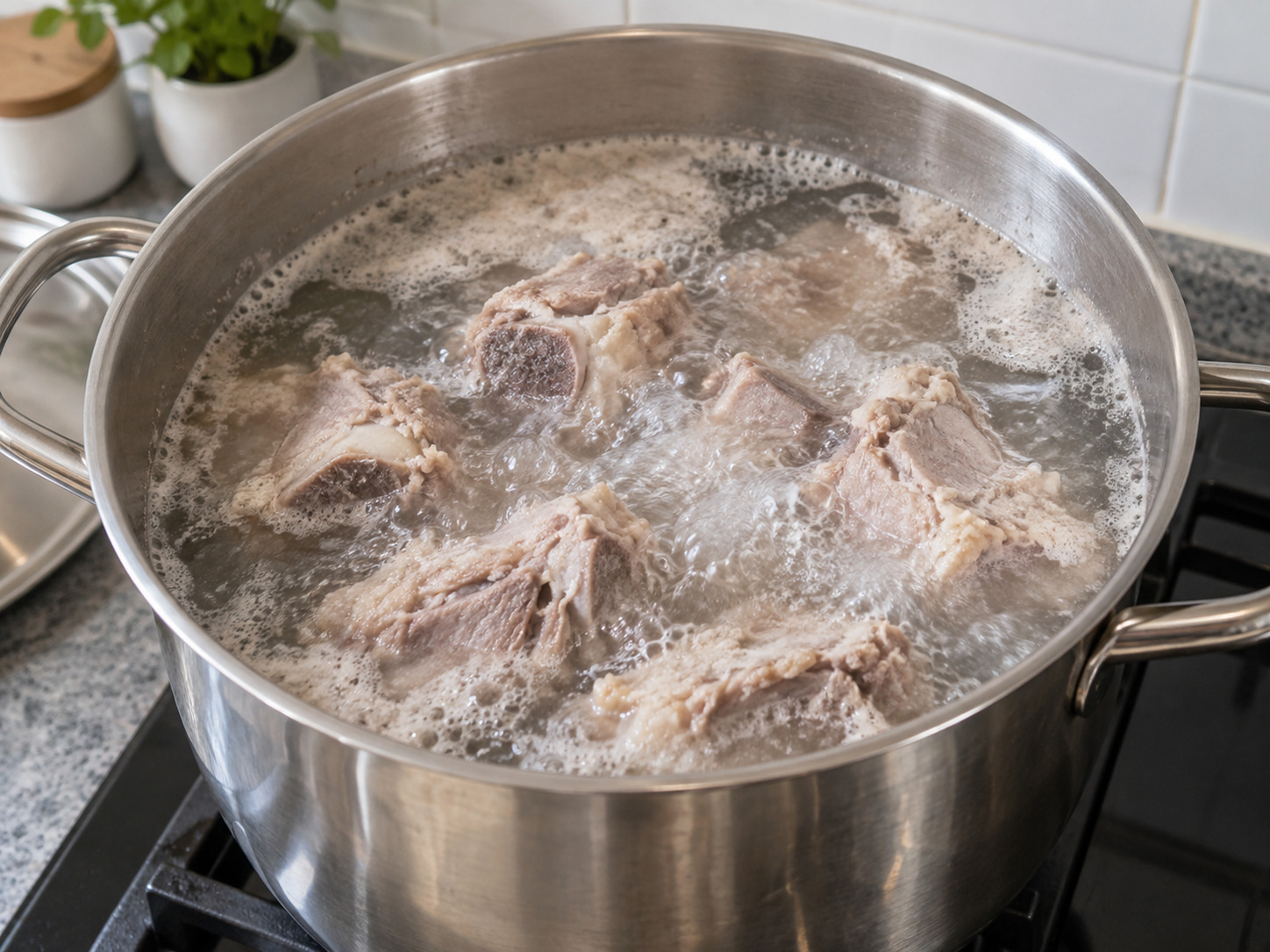 Korean Gamjatang Pork Bone Soup — Blanch bones in boiling water five minutes