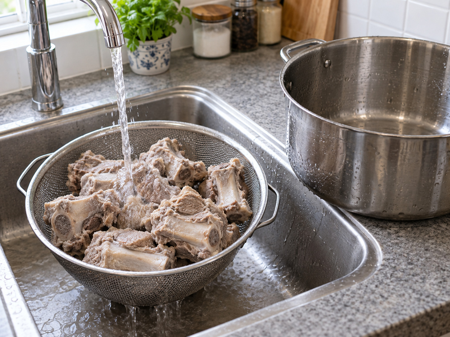 Korean Gamjatang Pork Bone Soup — Discard blanch water; wash pot and bones