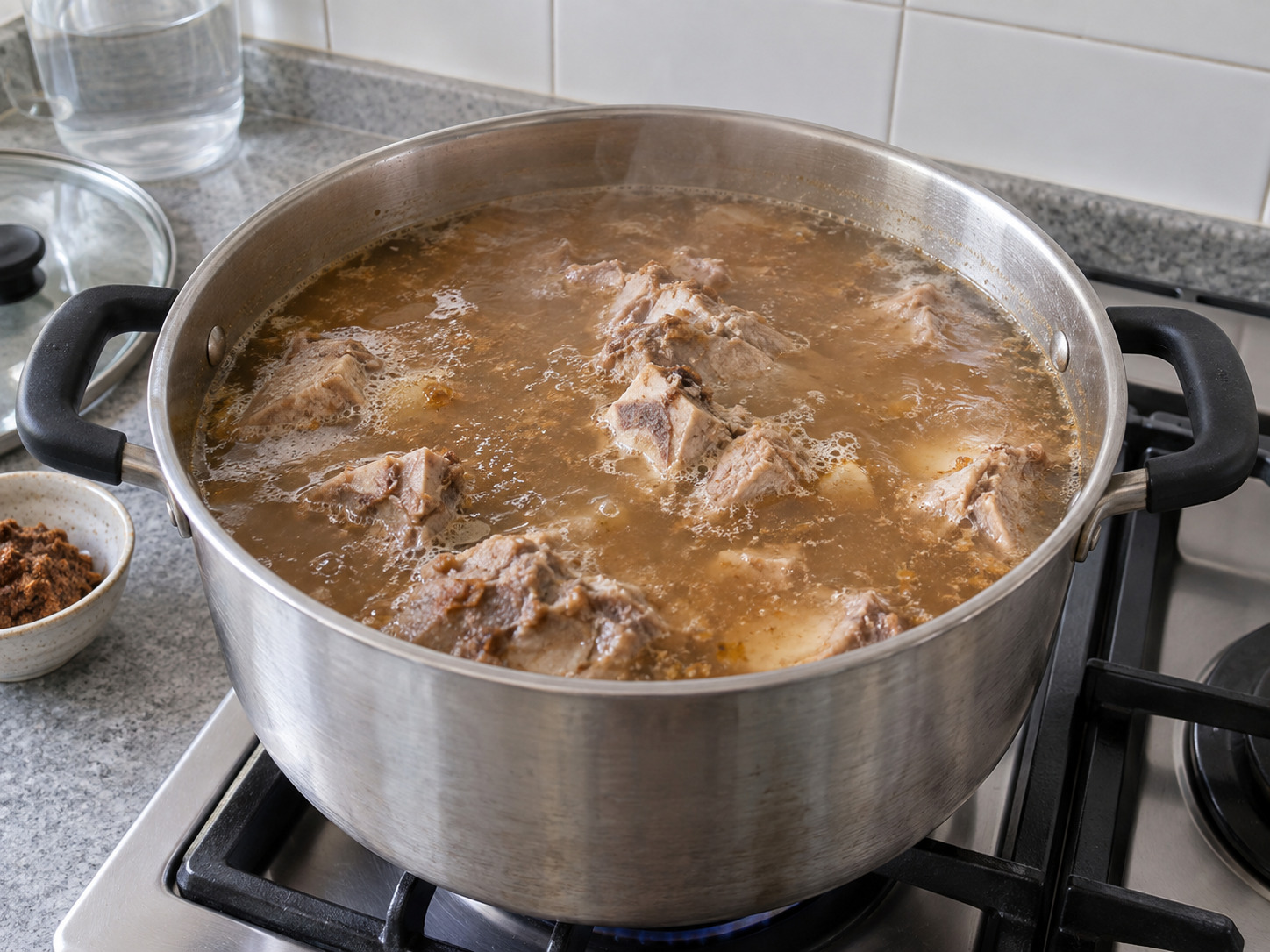 Korean Gamjatang Pork Bone Soup — Add clean water and doenjang; simmer sixty minutes