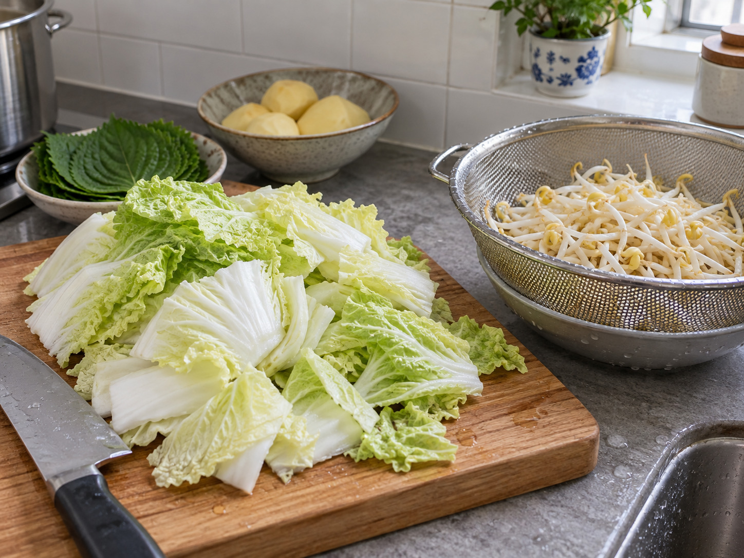 Korean Gamjatang Pork Bone Soup — Cut washed cabbage and rinse sprouts