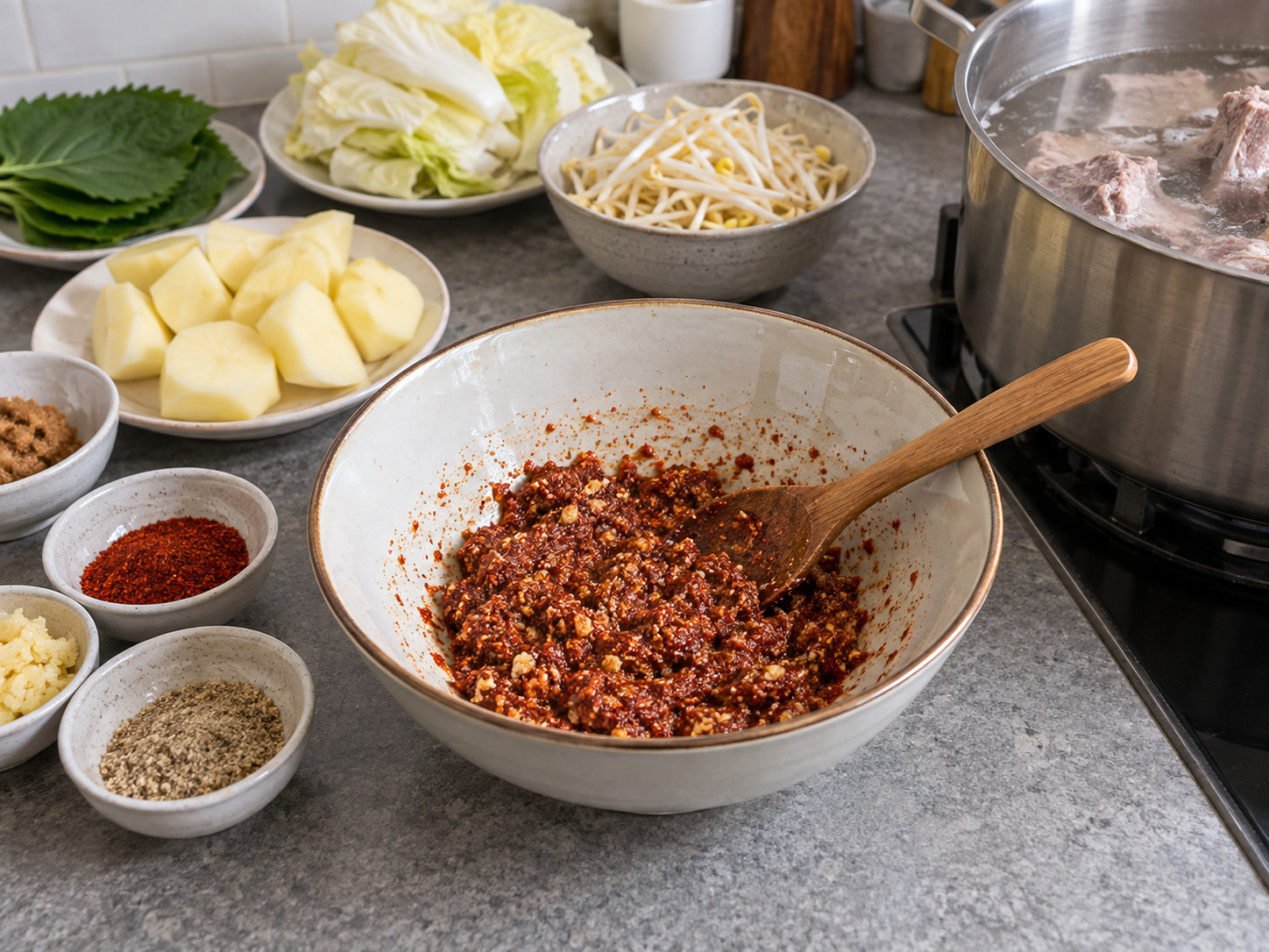 Korean Gamjatang Pork Bone Soup — Mix chilli, garlic and perilla powder
