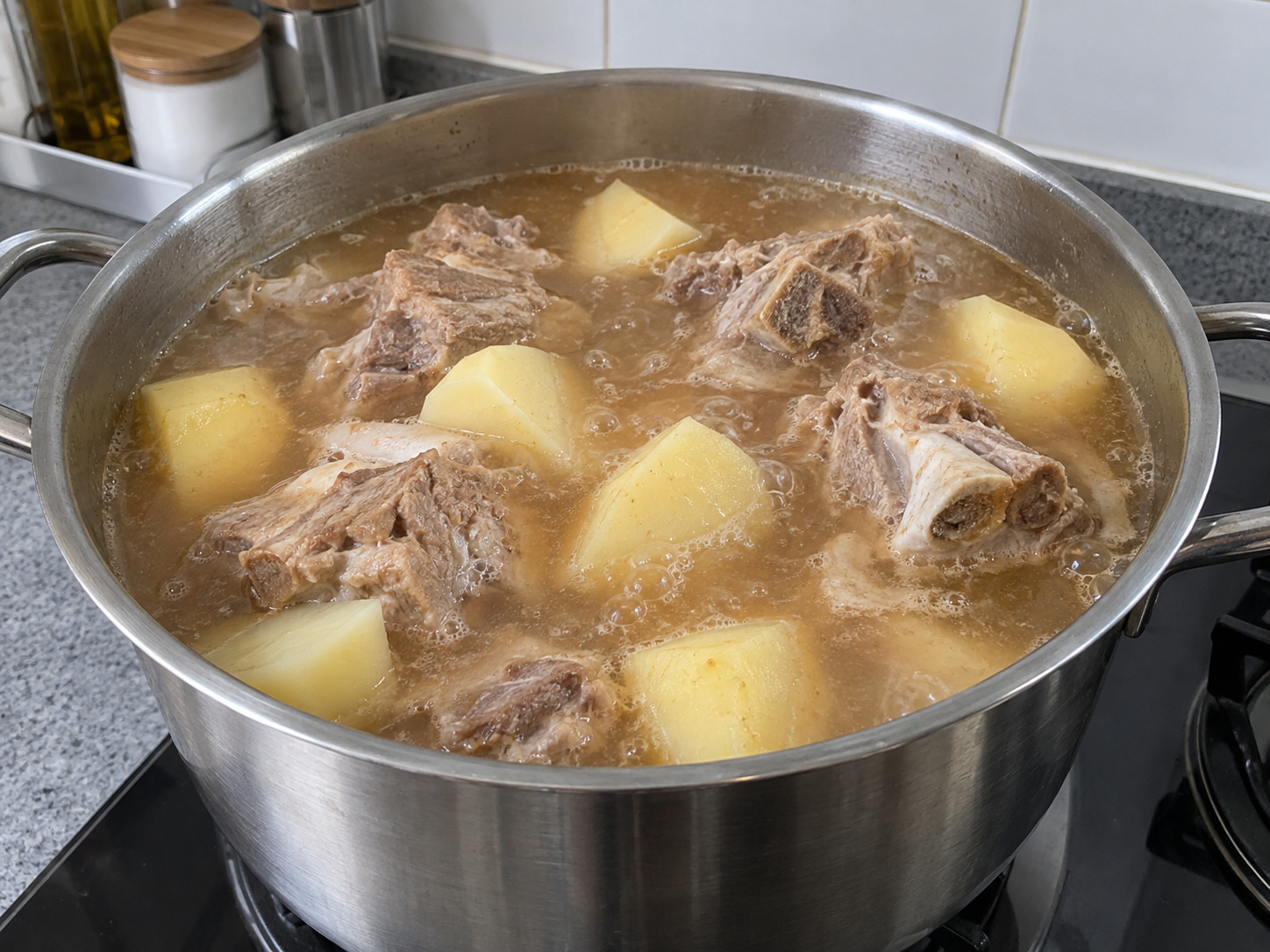 Korean Gamjatang Pork Bone Soup — Add potatoes and simmer about twenty-five minutes