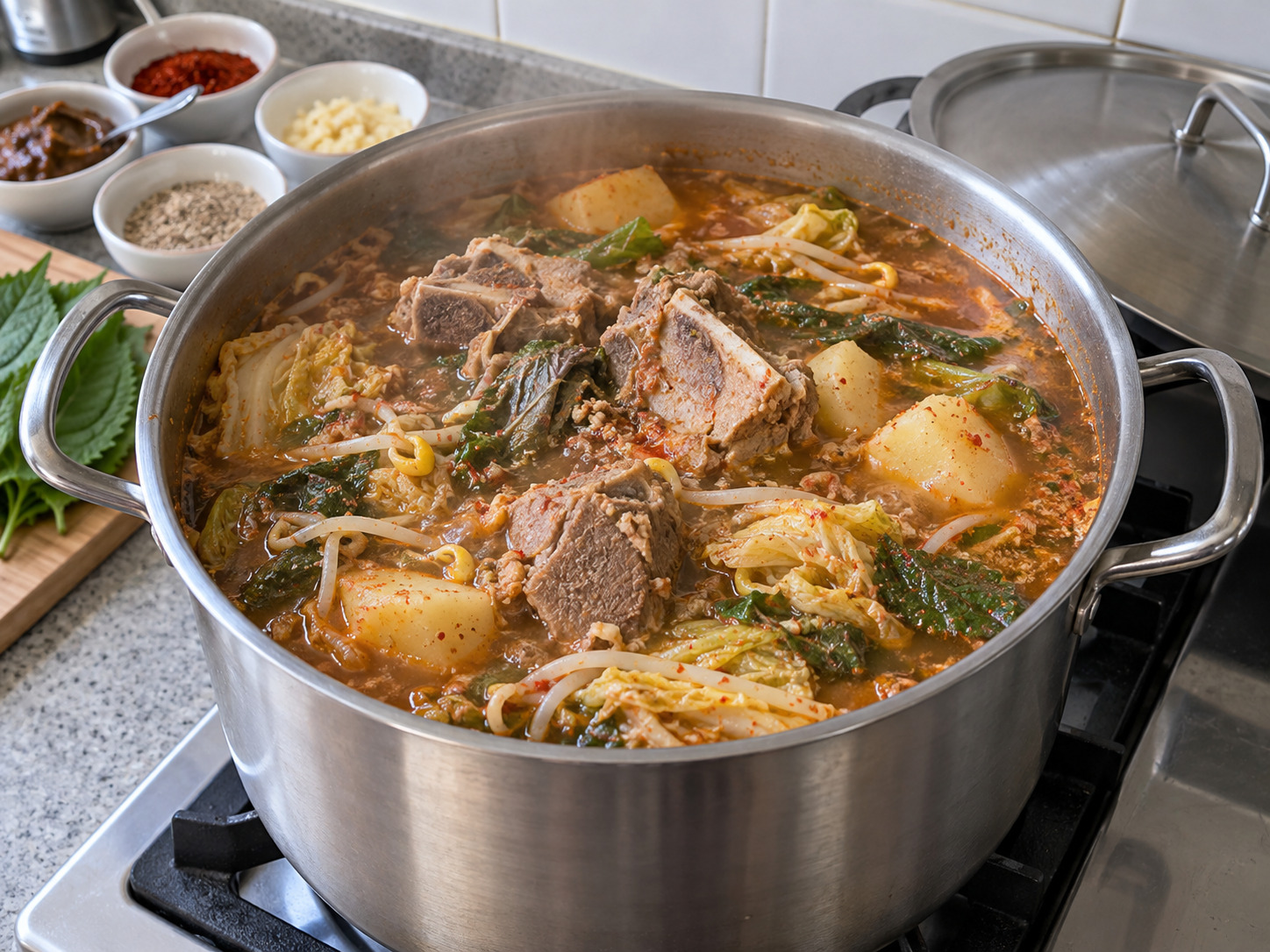 Korean Gamjatang Pork Bone Soup — Stir in seasoning and cook until pork is tender