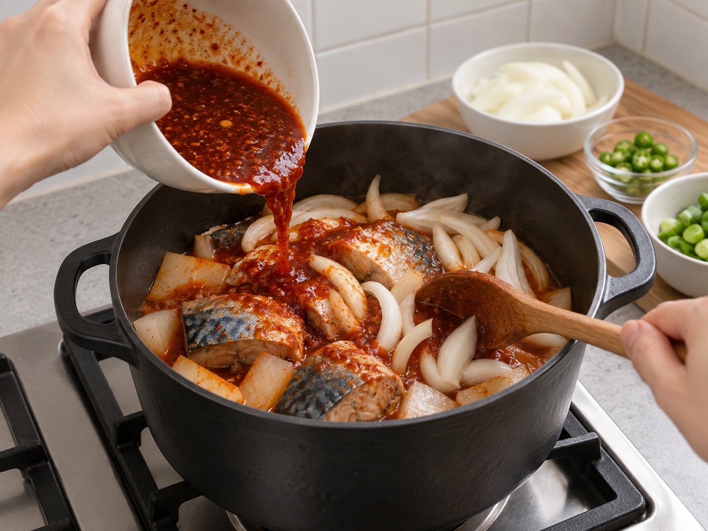 韓式辣炆鯖魚蘿蔔 — 加入洋蔥