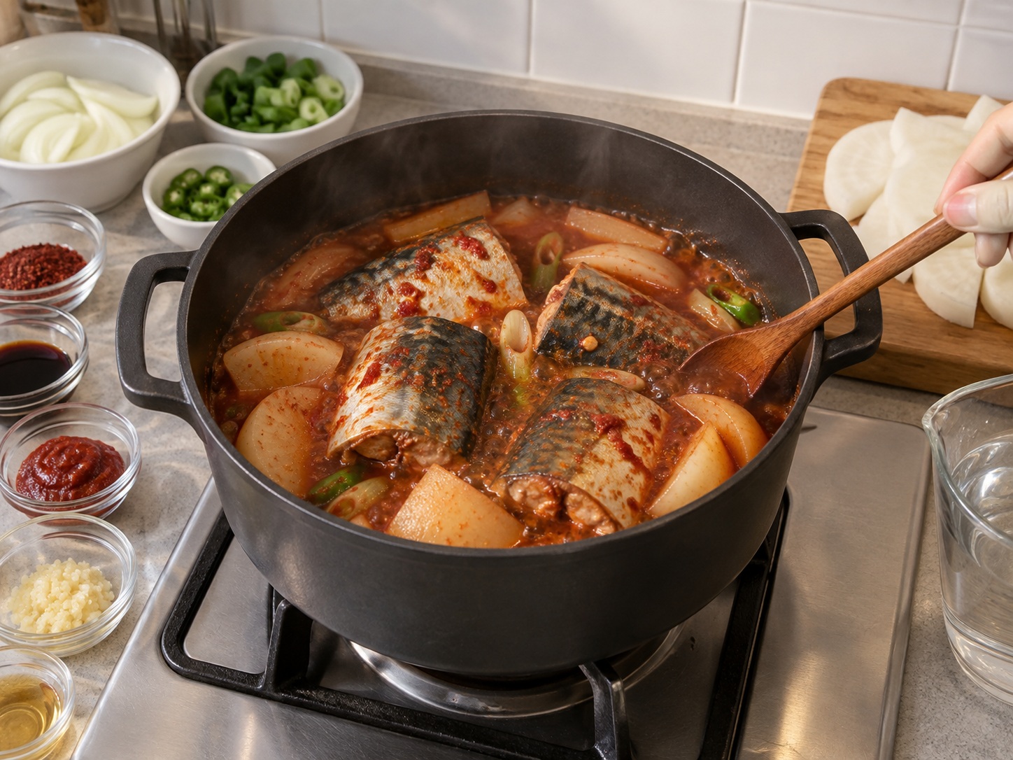 韓式辣炆鯖魚蘿蔔 — 慢煮鯖魚，切4段