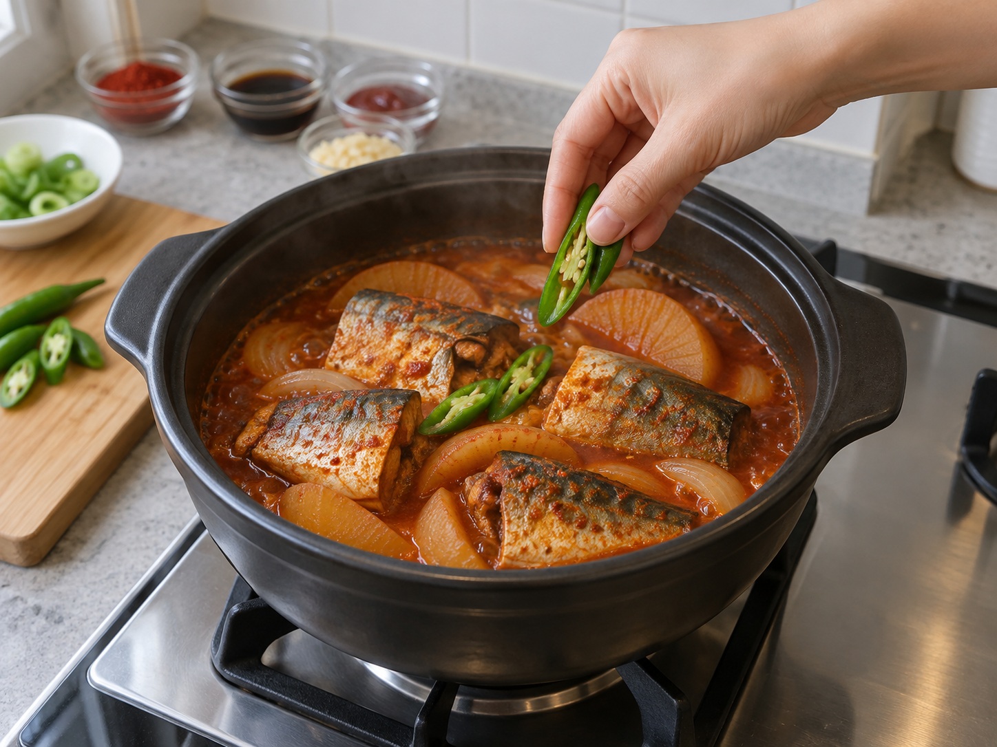 韓式辣炆鯖魚蘿蔔 — 加入青辣椒