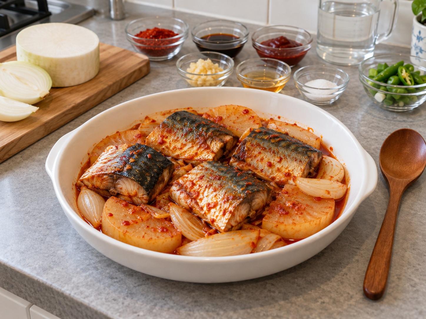 韓式辣炆鯖魚蘿蔔 — 靜置鯖魚，切4段