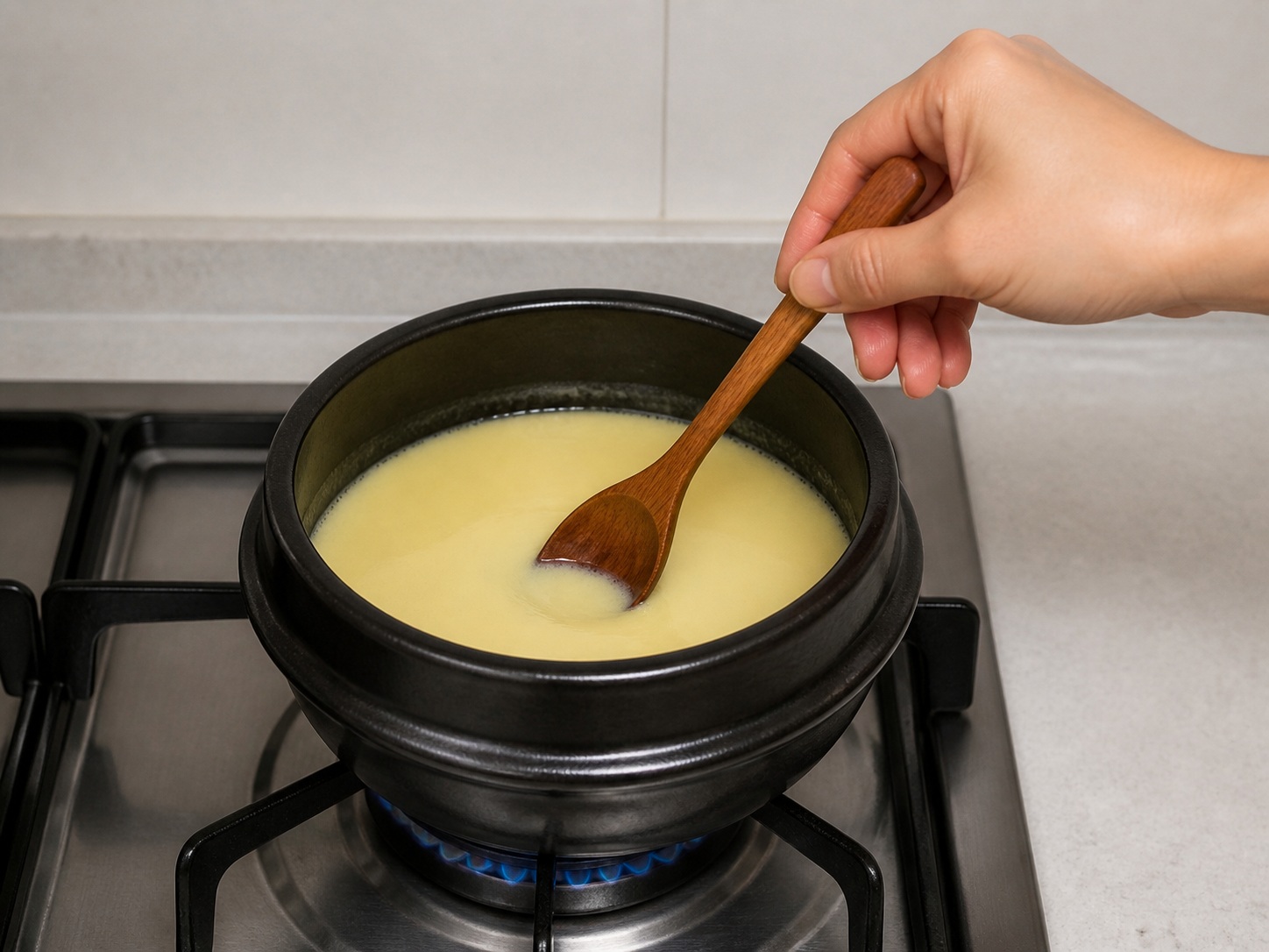 Korean Earthenware Steamed Egg — Stir over low heat